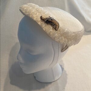 Cream  Linen and Lace Vintage Fascinator Hat with hand beaded accent. 1950’s